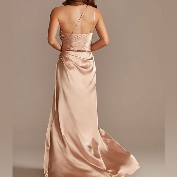 TALL CHARMEUSE ONE SHOULDER BRIDESMAID DRESS DUSTY BLUE size 4 - Picture 3 of 5